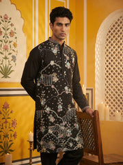 Black Silk Blend Embroidered Kurta Pyjama ( 65KP B-P 5457Black )