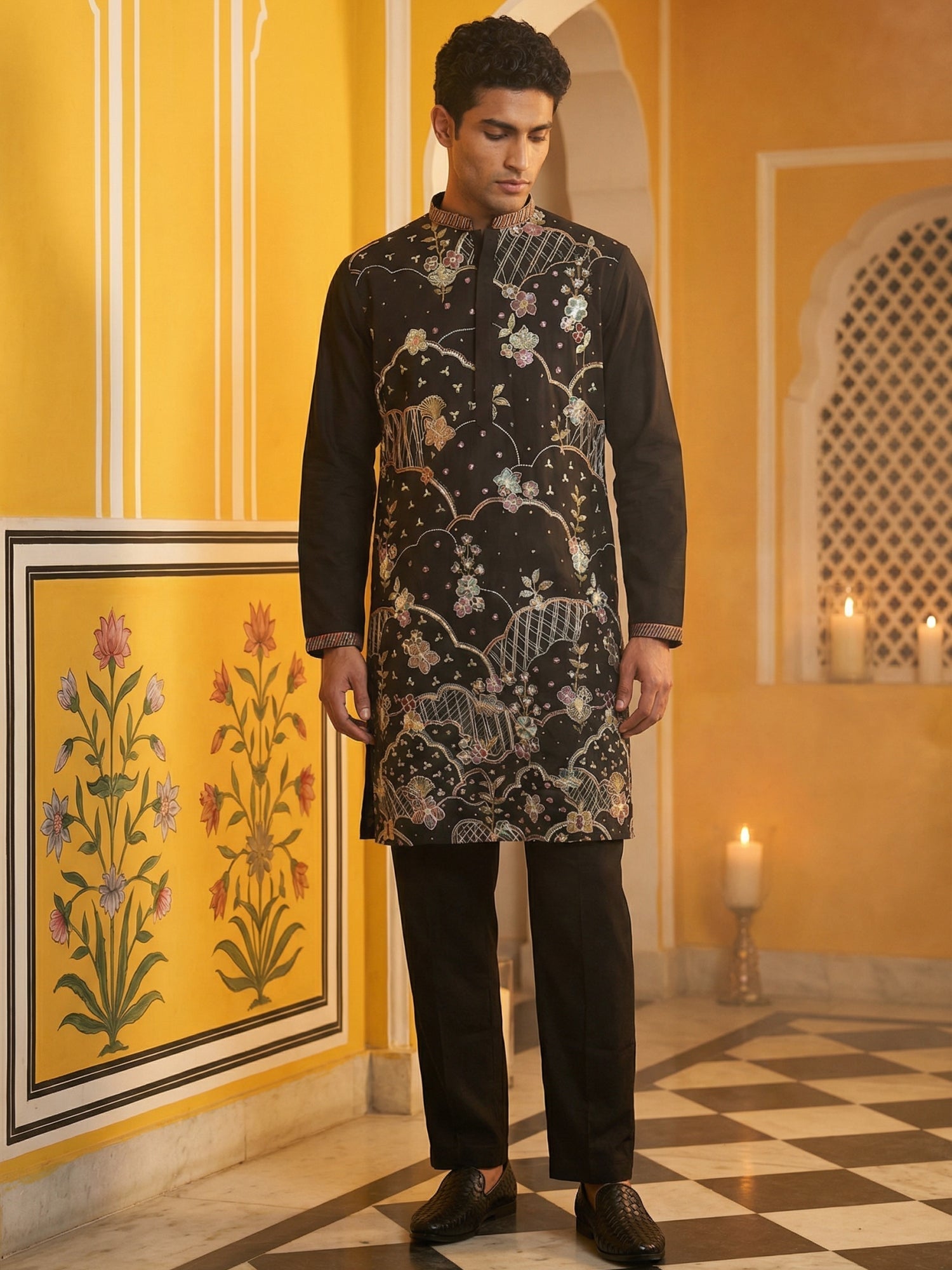 DesiQlo Men Embroidered Kurta Pyjama Set - Black - 65KP_B-P_5457Black_