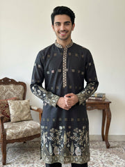 Men Silk Blend Embroidered Kurta Pyjama Set ( 65KP B-P 5458Black S )
