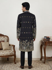 Men Silk Blend Embroidered Kurta Pyjama Set ( 65KP B-P 5458Black S )