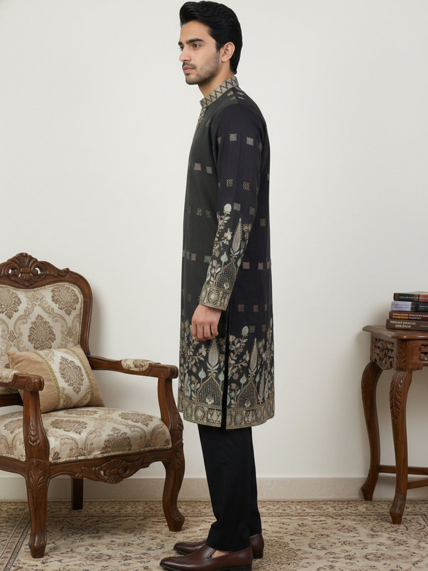 DesiQlo Men Embroidered Kurta Pyjama Set - Black - 65KP_B-P_5458Black_