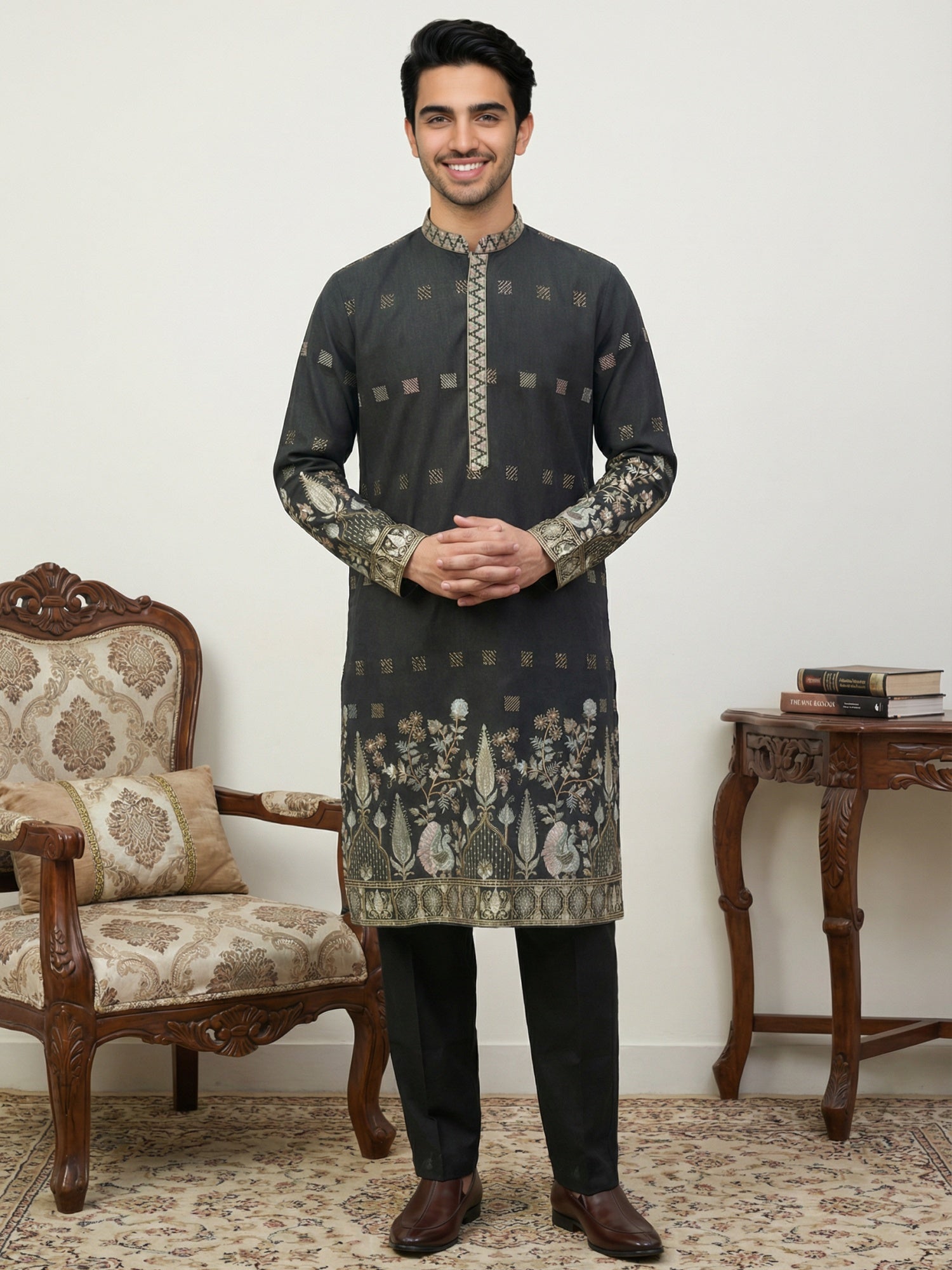 DesiQlo Men Embroidered Kurta Pyjama Set - Black - 65KP_B-P_5458Black_