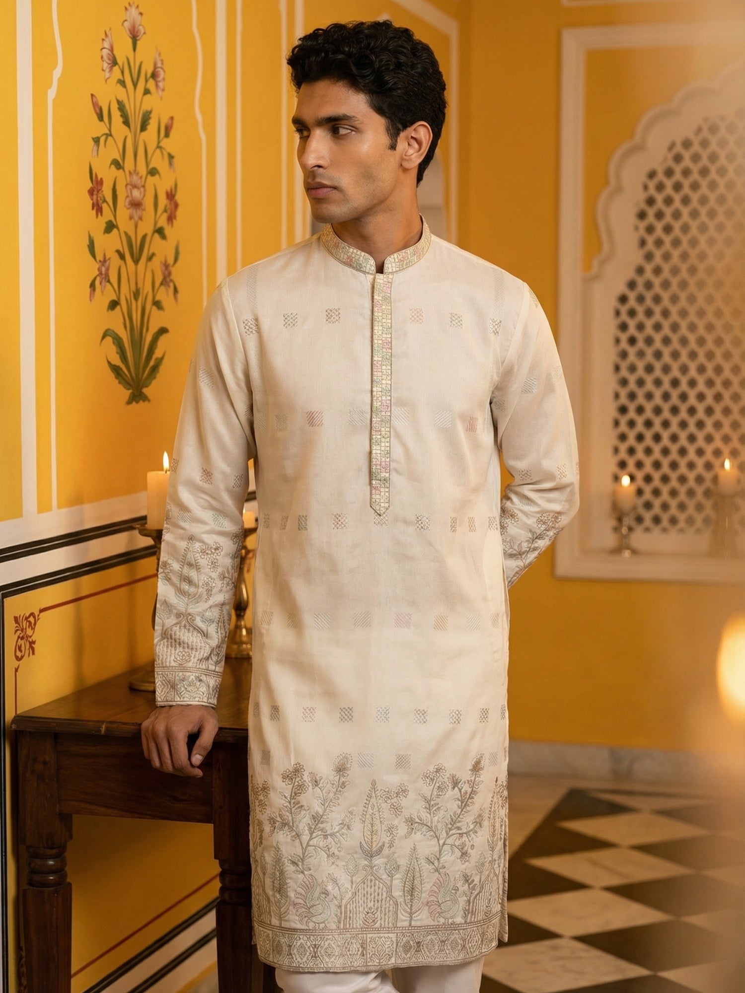 DesiQlo Men Embroidered Kurta Pyjama Set - White - 65KP_P_5458White_S