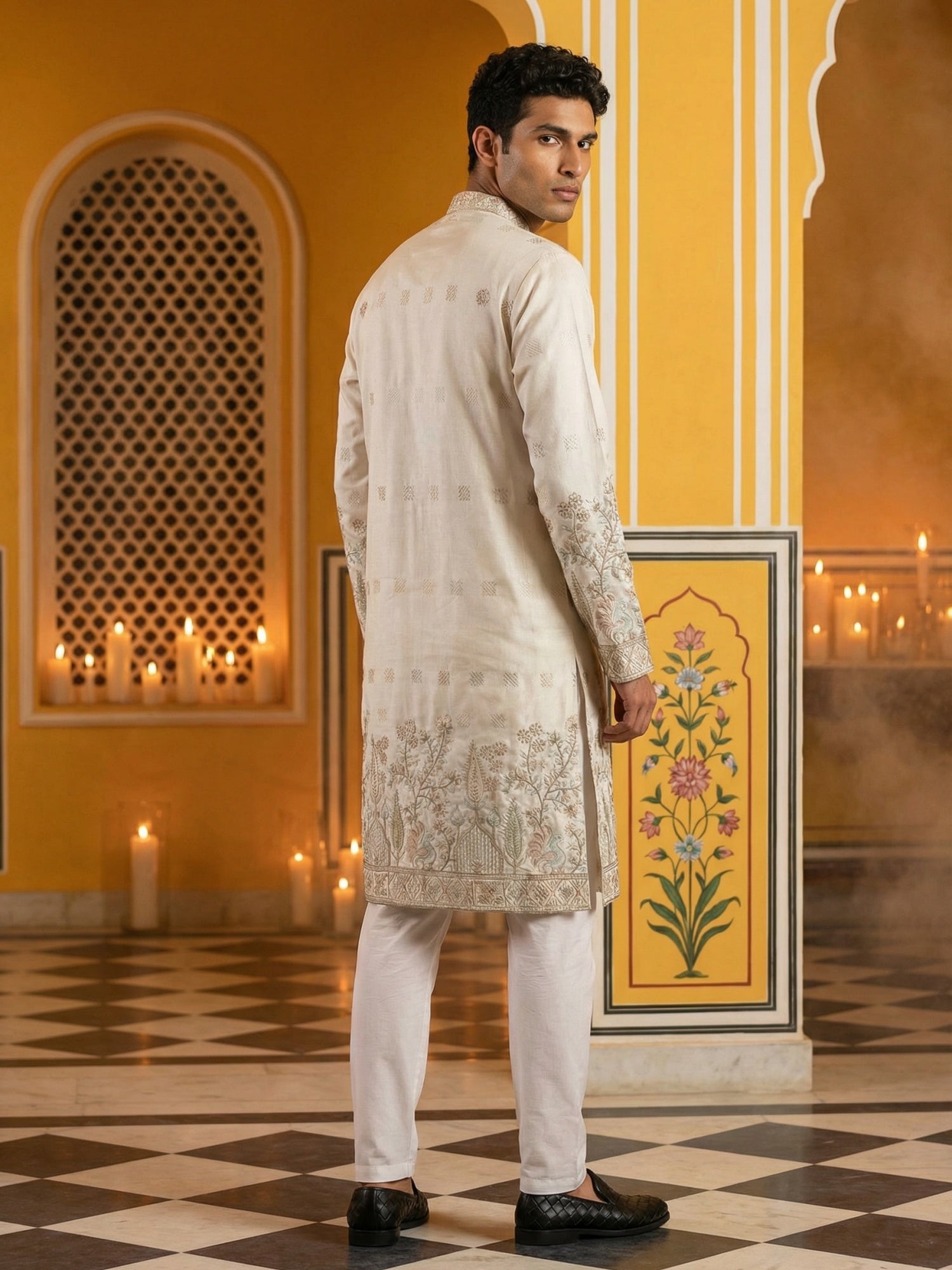 DesiQlo Men Embroidered Kurta Pyjama Set - White - 65KP_P_5458White_S