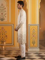 Men Silk Blend Embroidered Kurta Pyjama Set ( 65KP P 5458White S ) [FF] [B-1-2]