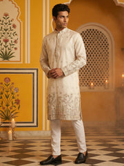 Men Silk Blend Embroidered Kurta Pyjama Set ( 65KP P 5458White S ) [FF] [B-1-2]