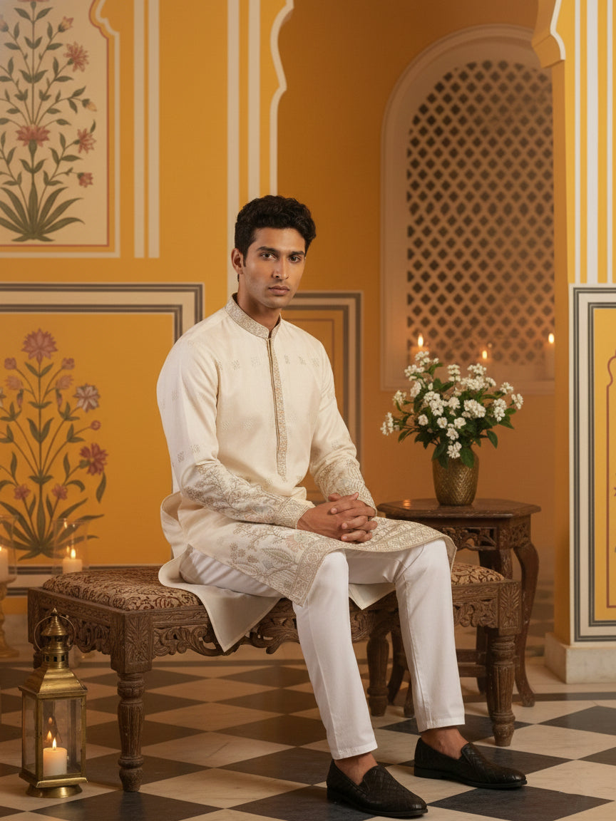 DesiQlo Men Embroidered Kurta Pyjama Set - White - 65KP_P_5458White_S