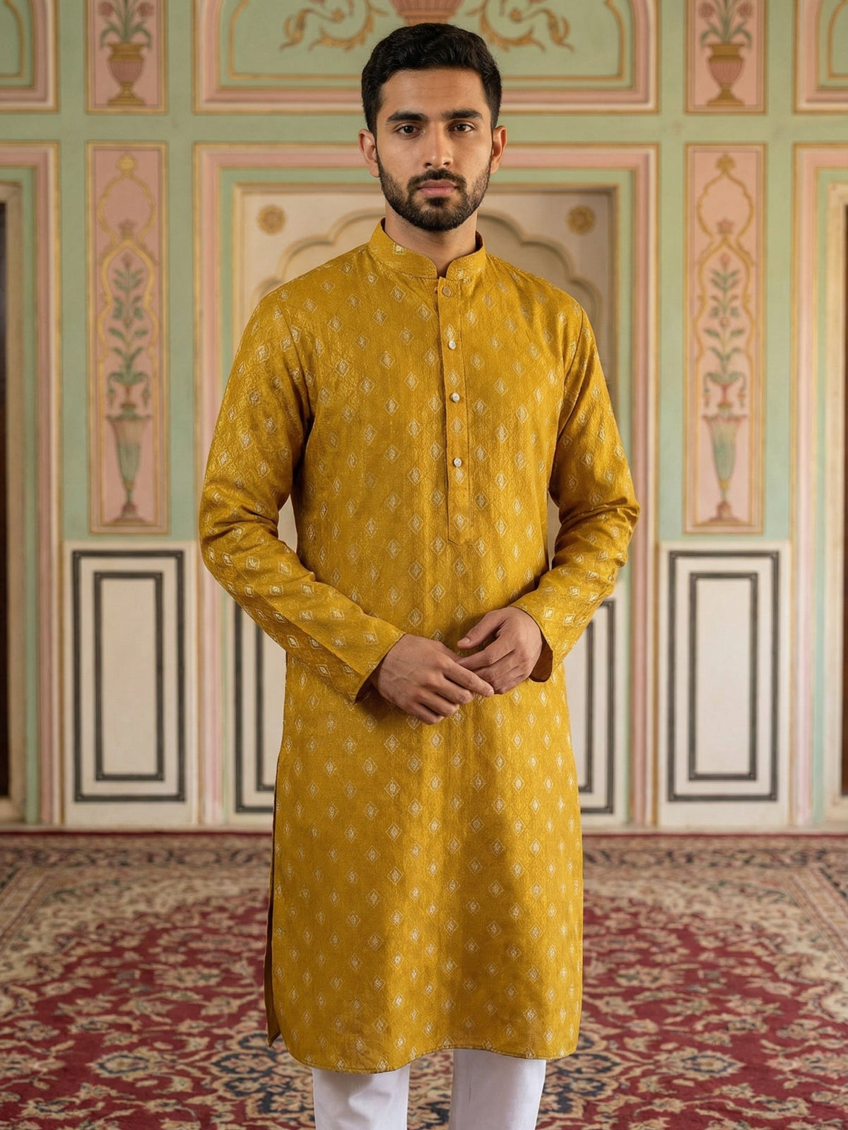 Classic Ethnic Print Cotton Blend Kurta Pyjama Set ( 65KP P 5459Mustard S ) [FF] [K-14]