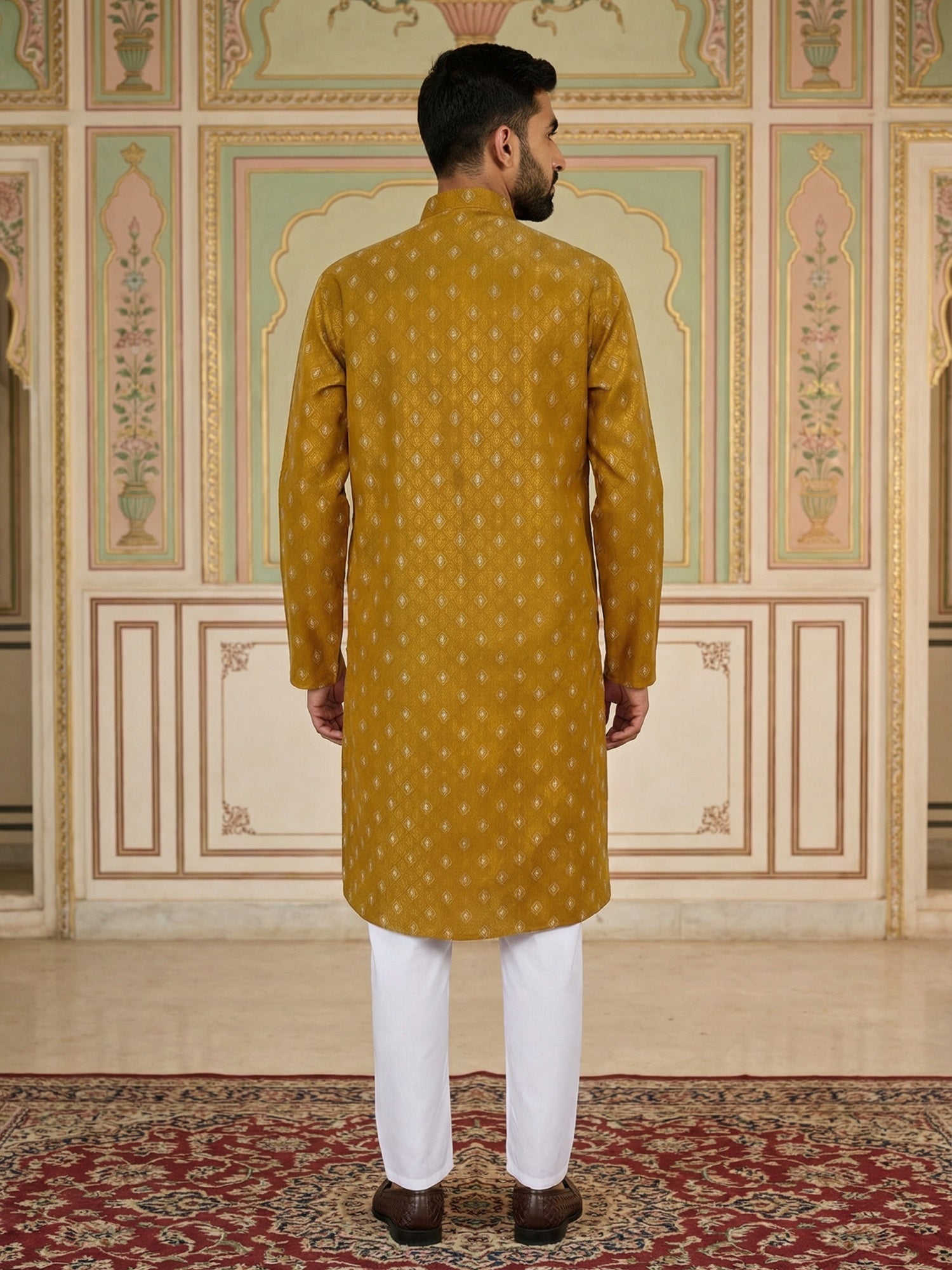 DesiQlo Men Printed Kurta Pyjama Set - Yellow - 65KP_P_5459Mustard_S