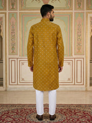 Classic Ethnic Print Cotton Blend Kurta Pyjama Set ( 65KP P 5459Mustard S ) [FF] [K-14]