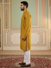 Classic Ethnic Print Cotton Blend Kurta Pyjama Set ( 65KP P 5459Mustard S ) [FF] [K-14]