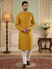 Classic Ethnic Print Cotton Blend Kurta Pyjama Set ( 65KP P 5459Mustard S ) [FF] [K-14]
