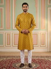 Classic Ethnic Print Cotton Blend Kurta Pyjama Set ( 65KP P 5459Mustard S ) [FF] [K-14]