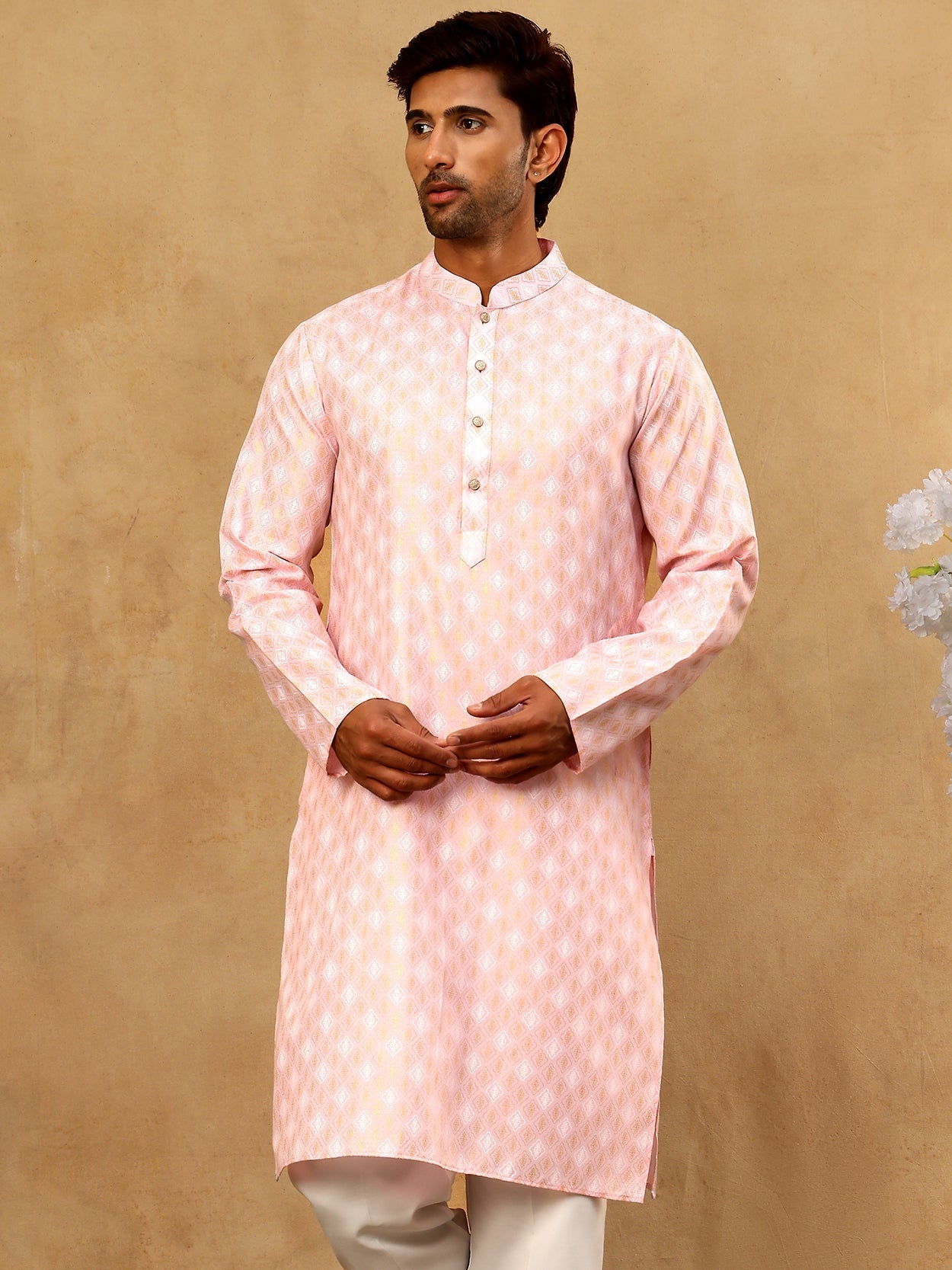 DesiQlo Men Printed Kurta Pyjama Set - Pink - 65KP_P_5459Pink_S