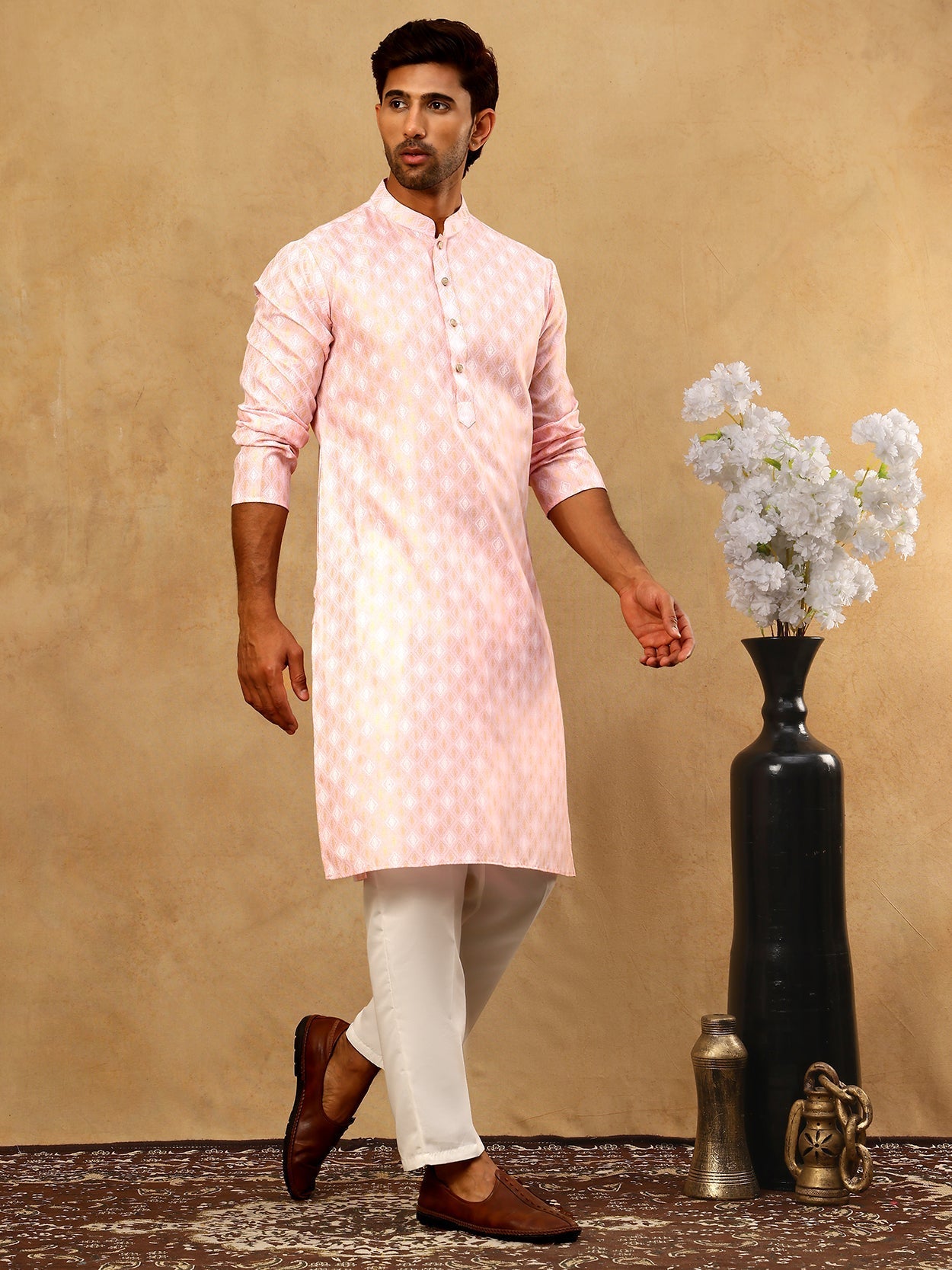 DesiQlo Men Printed Kurta Pyjama Set - Pink - 65KP_P_5459Pink_S