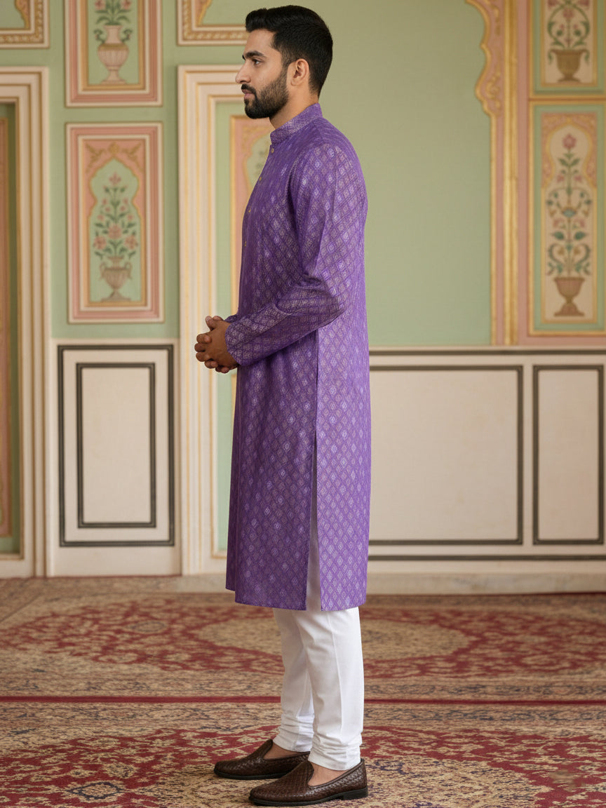 DesiQlo Men Printed Kurta Pyjama Set - Purple - 65KP_P_5459Purple_S