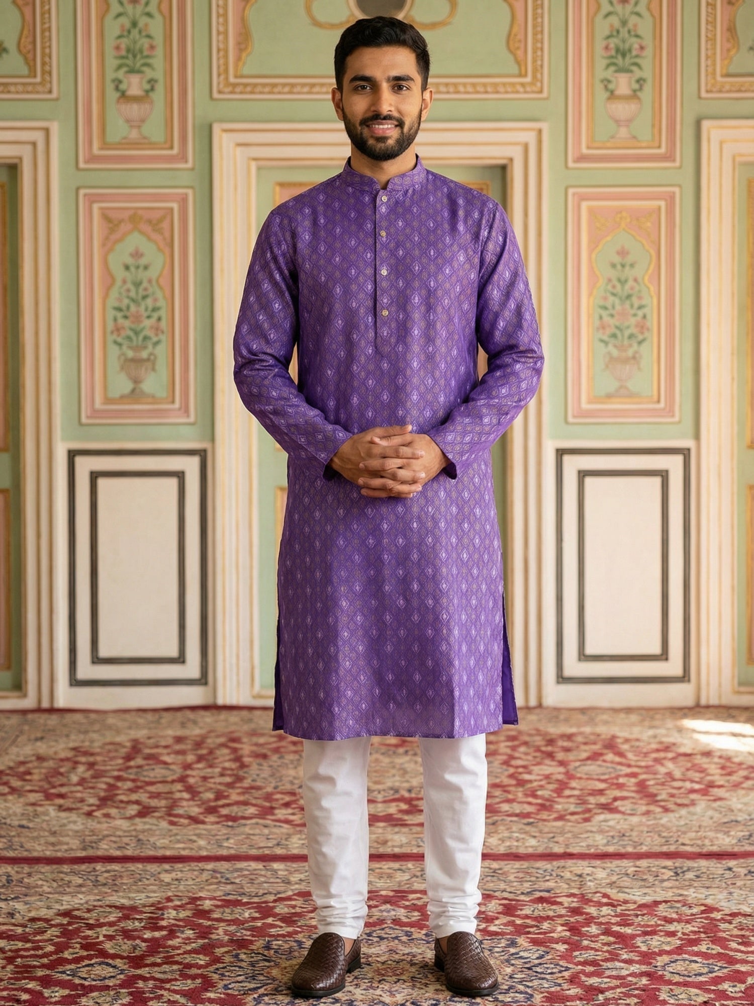 DesiQlo Men Printed Kurta Pyjama Set - Purple - 65KP_P_5459Purple_S