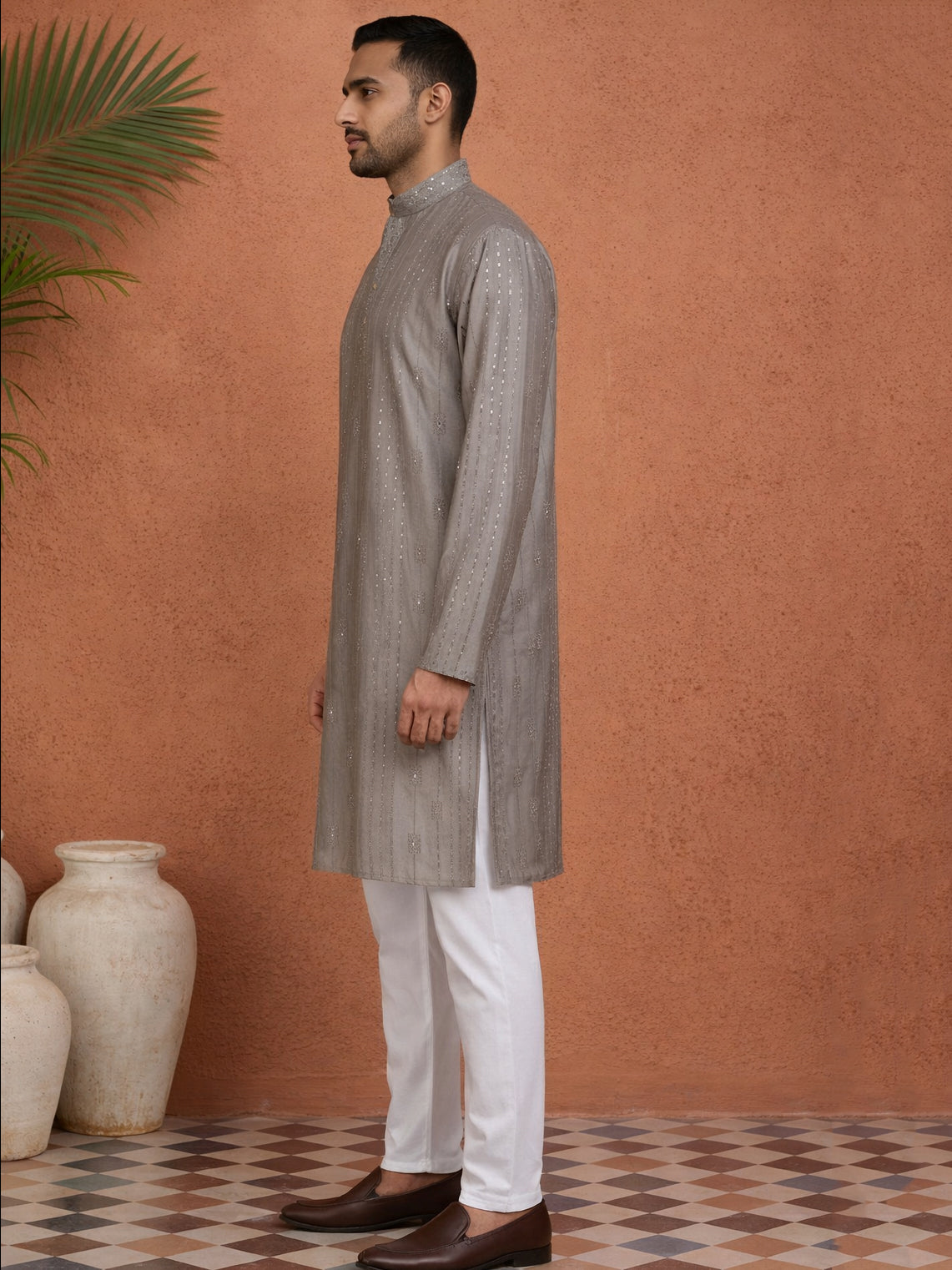 DesiQlo Men Embroidered Kurta Pyjama Set - Grey - 65KP_P_5460Grey_S