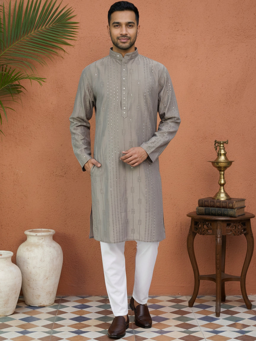 DesiQlo Men Embroidered Kurta Pyjama Set - Grey - 65KP_P_5460Grey_S