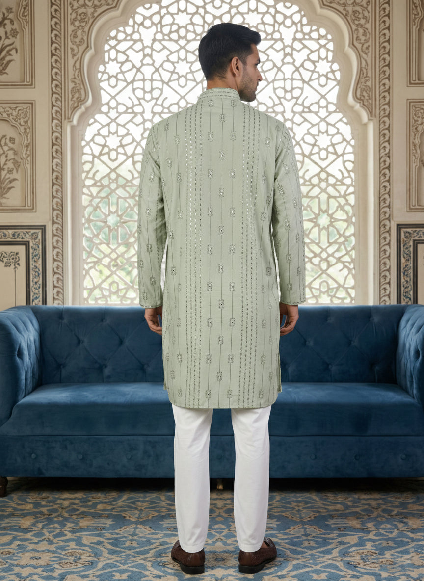DesiQlo Men Embroidered Kurta Pyjama Set - Green - 65KP_5460Pista_S