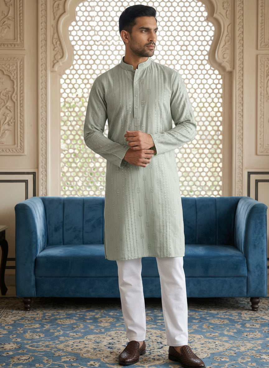 DesiQlo Men Embroidered Kurta Pyjama Set - Green - 65KP_5460Pista_S