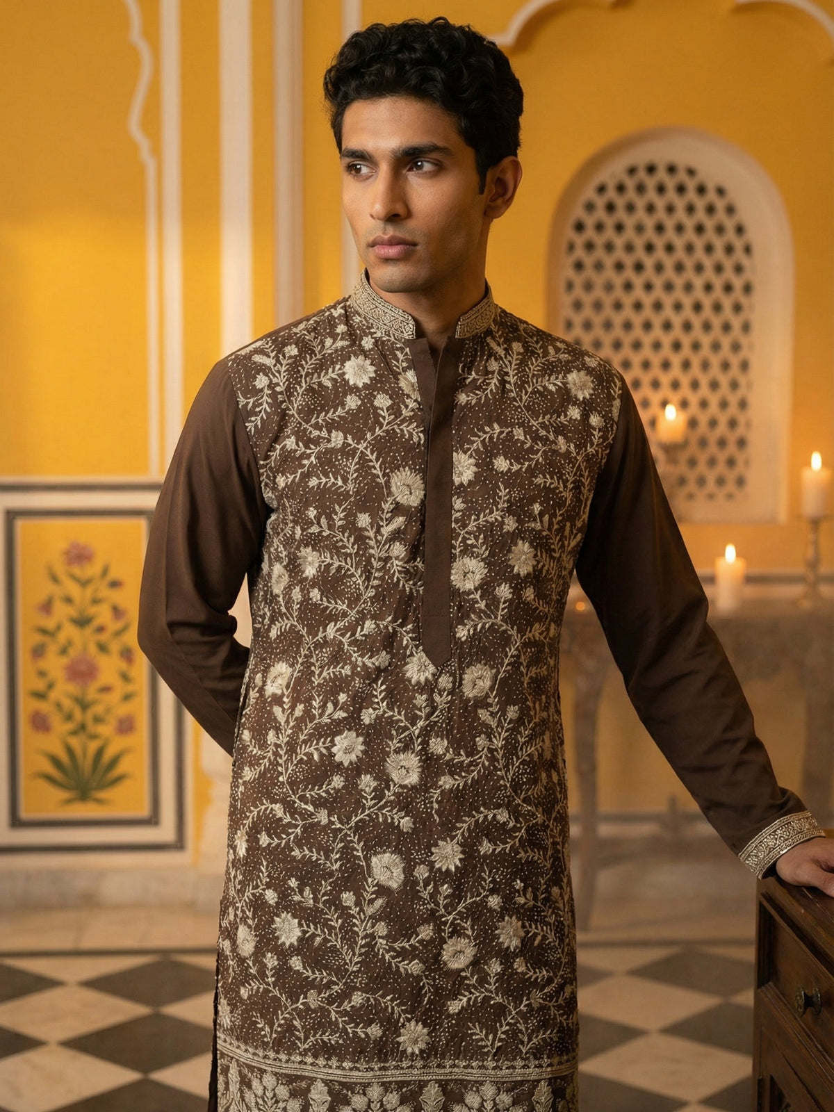 Classic Silk Blend Embroidered Kurta Pyjama ( 65KP P 5461Brown S ) [FF] [H-7]