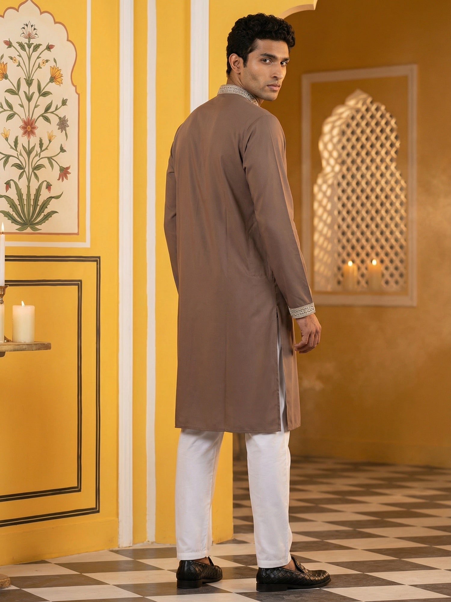 DesiQlo Men Embroidered Kurta Pyjama Set - Brown - 65KP_P_5461Brown_S