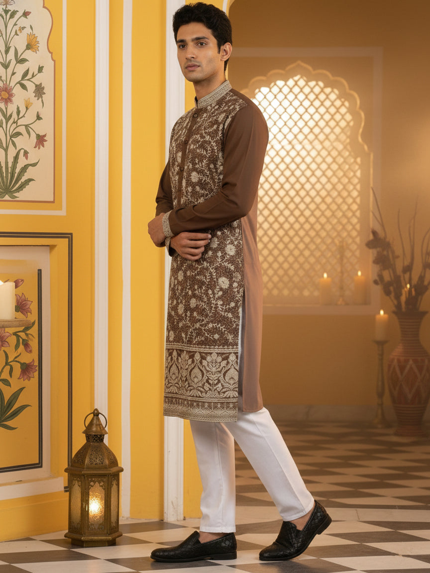 DesiQlo Men Embroidered Kurta Pyjama Set - Brown - 65KP_P_5461Brown_S