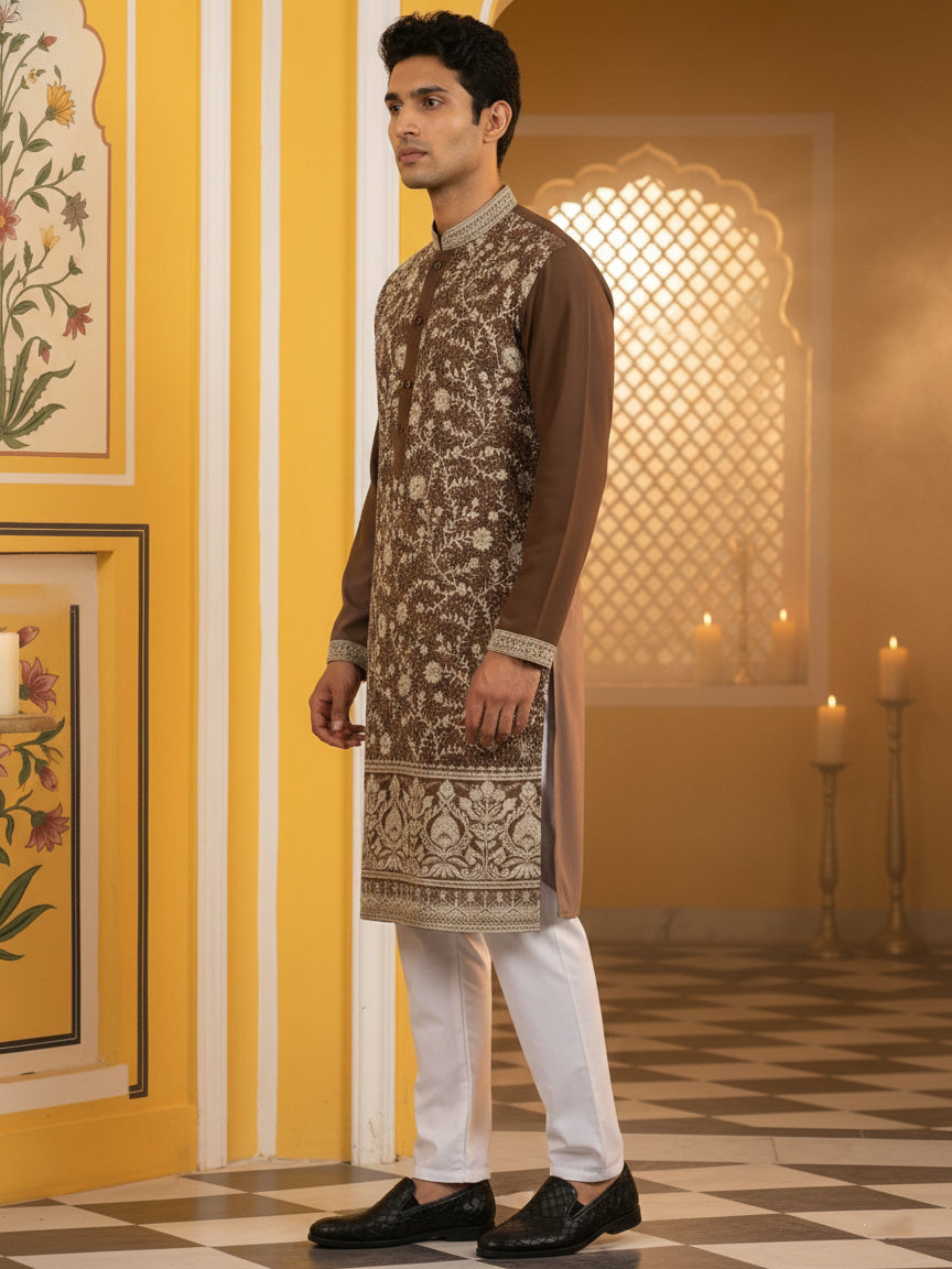 DesiQlo Men Embroidered Kurta Pyjama Set - Brown - 65KP_P_5461Brown_S