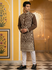 Classic Silk Blend Embroidered Kurta Pyjama ( 65KP P 5461Brown S ) [FF] [H-7]