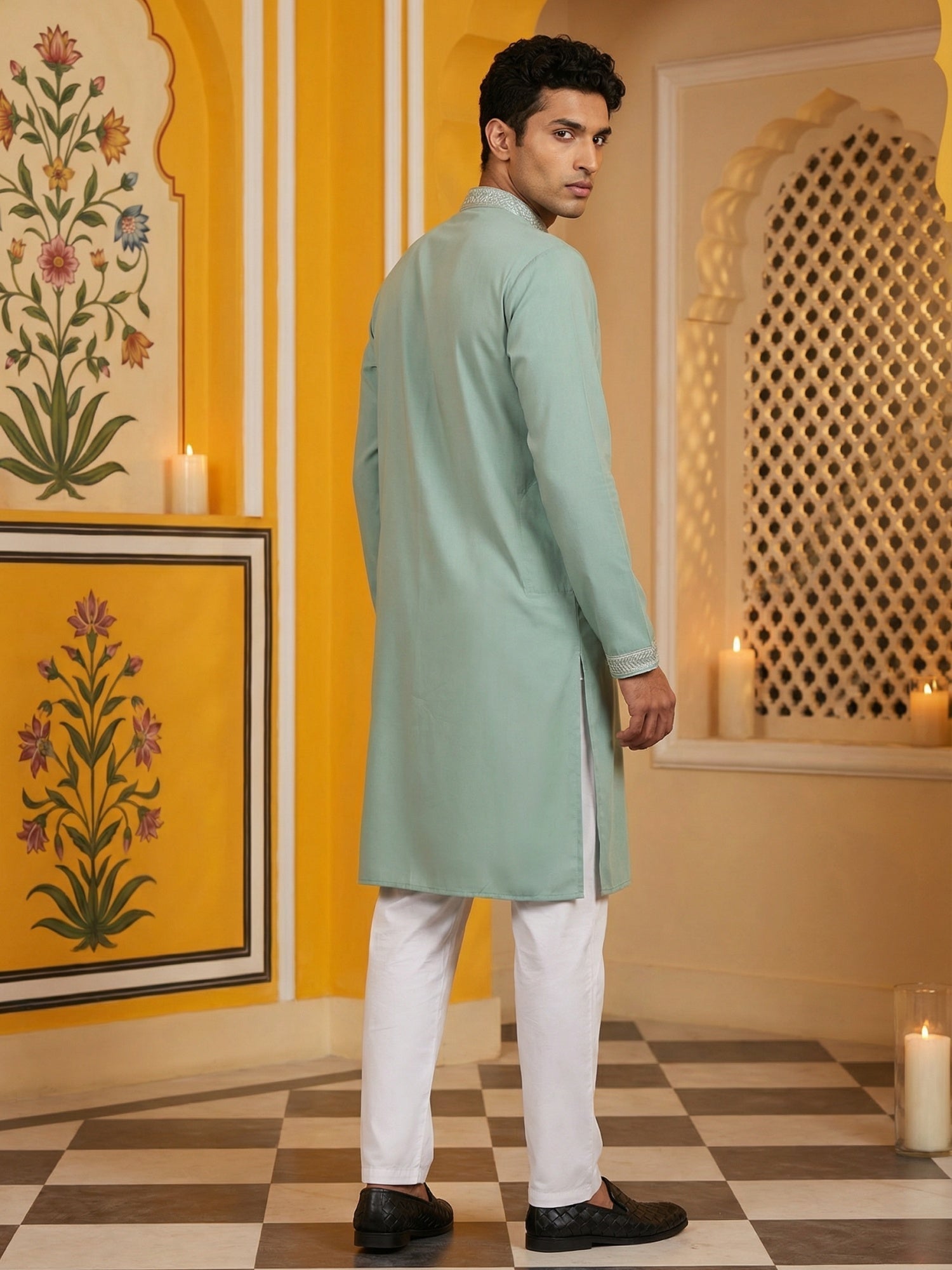 DesiQlo Men Embroidered Kurta Pyjama Set - Green - 65KP_P_5461Green_S