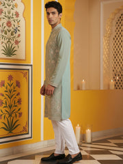 Classic Silk Blend Embroidered Kurta Pyjama ( 65KP P 5461Green S ) [FF] [H-7]