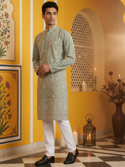 Classic Silk Blend Embroidered Kurta Pyjama ( 65KP P 5461Green S ) [FF] [H-7]