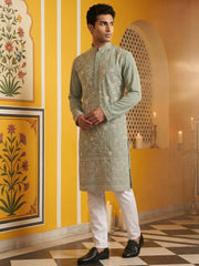 Classic Silk Blend Embroidered Kurta Pyjama ( 65KP P 5461Green S ) [FF] [H-7]