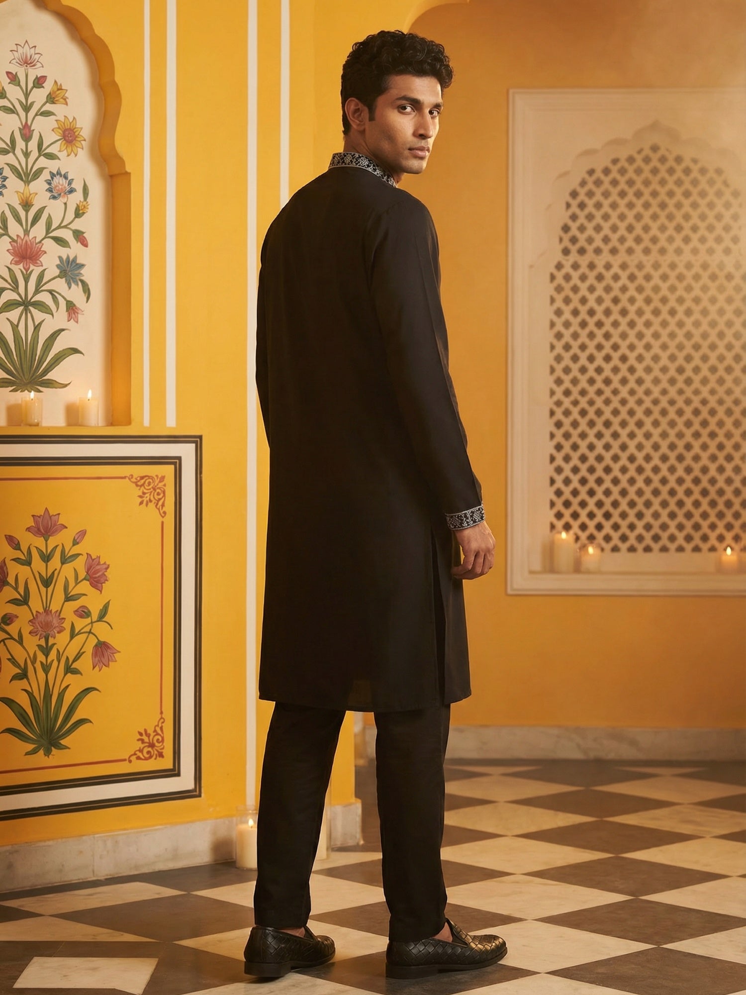 DesiQlo Men Embroidered Kurta Pyjama Set - Black - 65KP_P_5462Black_S