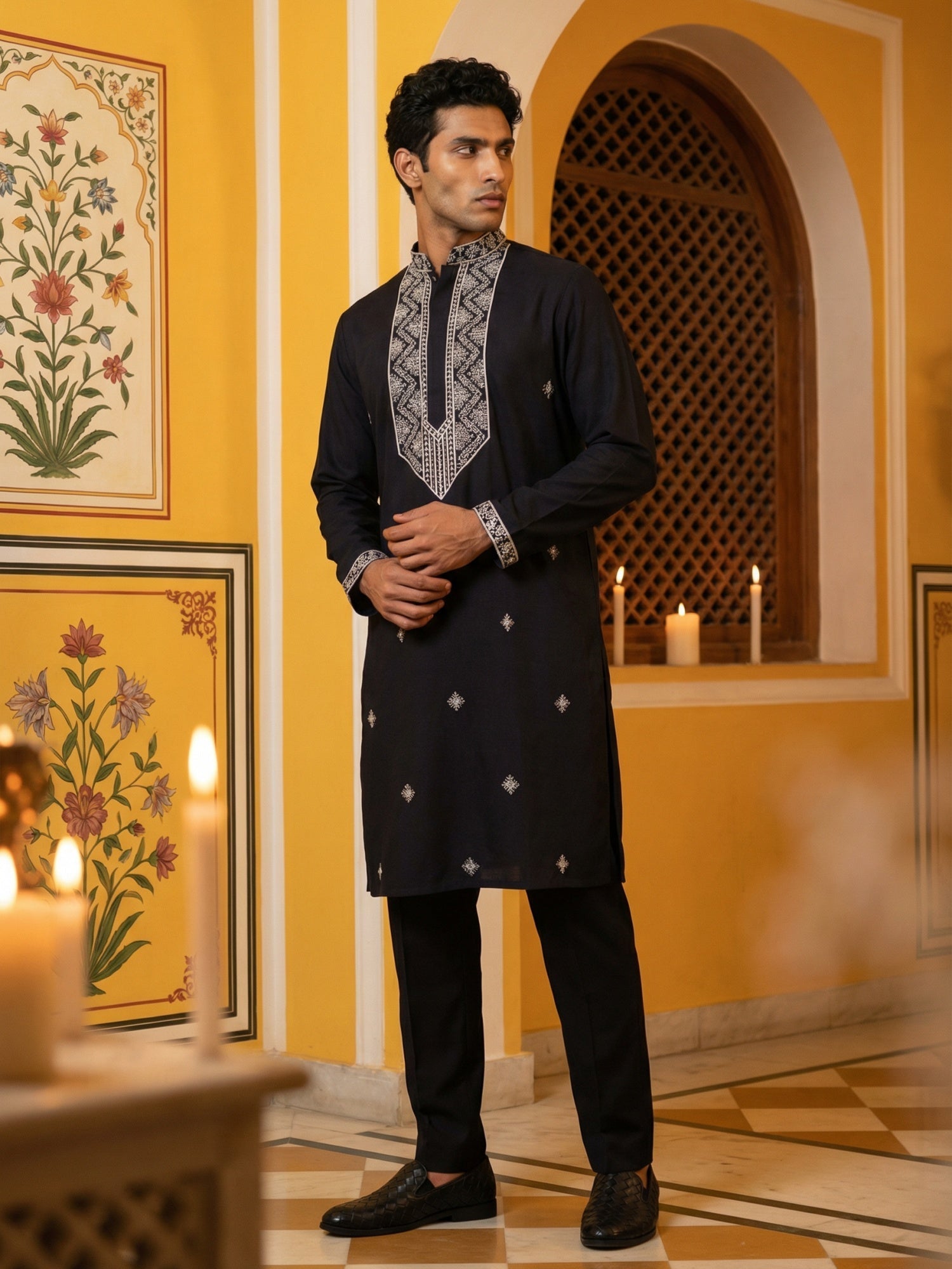 DesiQlo Men Embroidered Kurta Pyjama Set - Black - 65KP_P_5462Black_S