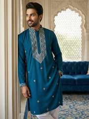 Embroidered Silk Blend Straight Kurta Pyjama ( 65KP P 5462Peacock S ) [FF] [B-6]