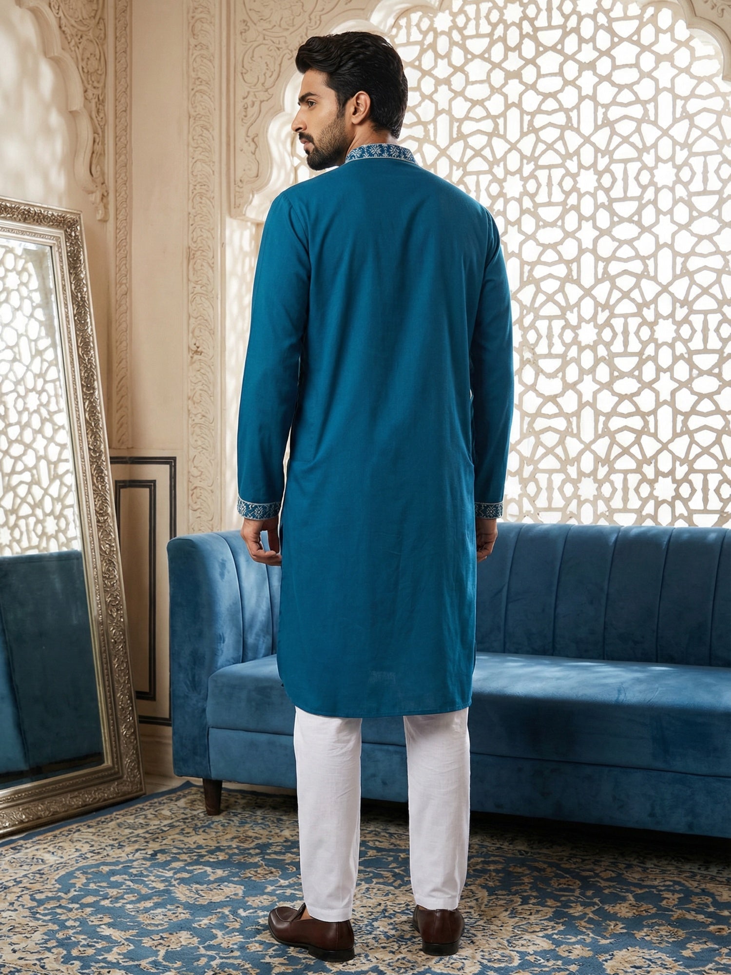 DesiQlo Men Embroidered Kurta Pyjama Set - Multicolor - 65KP_P_5462Pea