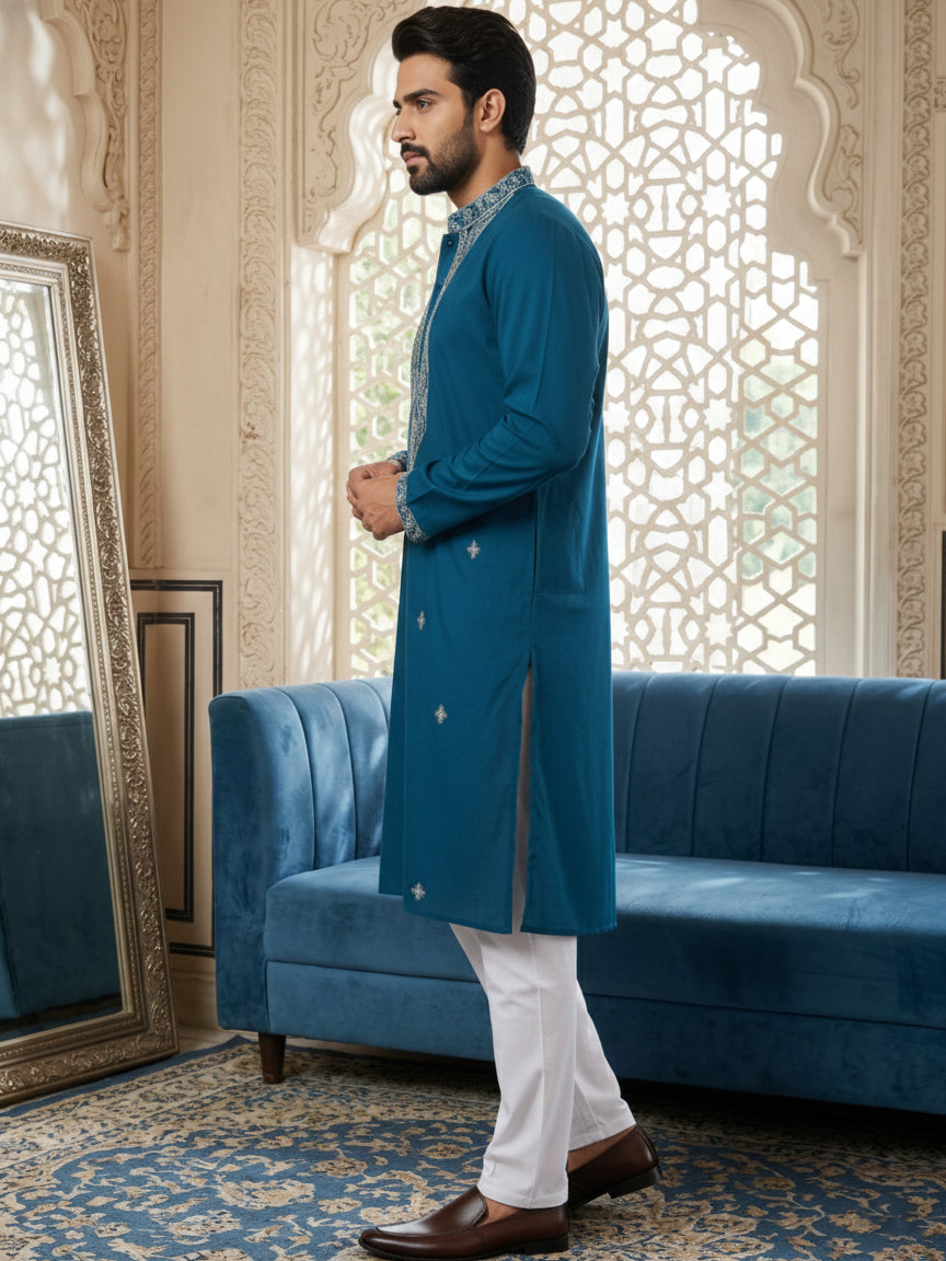 DesiQlo Men Embroidered Kurta Pyjama Set - Multicolor - 65KP_P_5462Pea