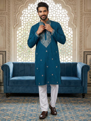 Embroidered Silk Blend Straight Kurta Pyjama ( 65KP P 5462Peacock S ) [FF] [B-6]