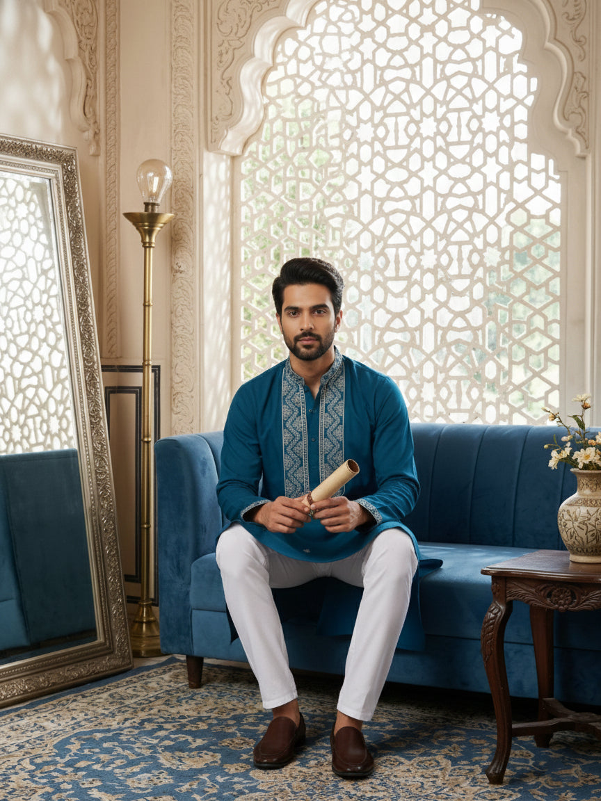 DesiQlo Men Embroidered Kurta Pyjama Set - Multicolor - 65KP_P_5462Pea