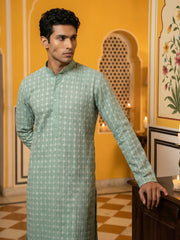 Embroidered Cotton Blend Kurta with Pyjama ( 65KP P 5463Green S ) [FF] [H-10]