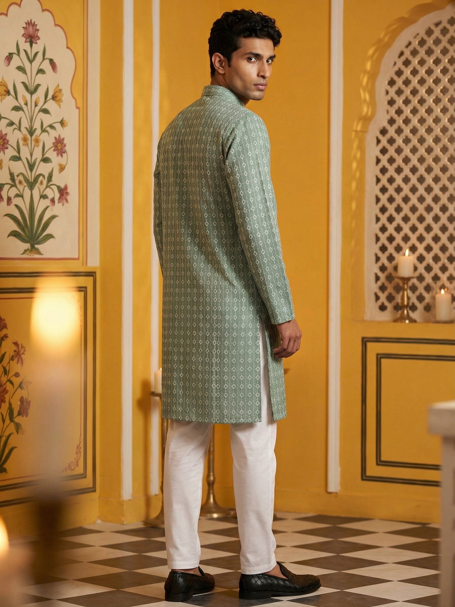 DesiQlo Men Embroidered Kurta Pyjama Set - Green - 65KP_P_5463Green_S