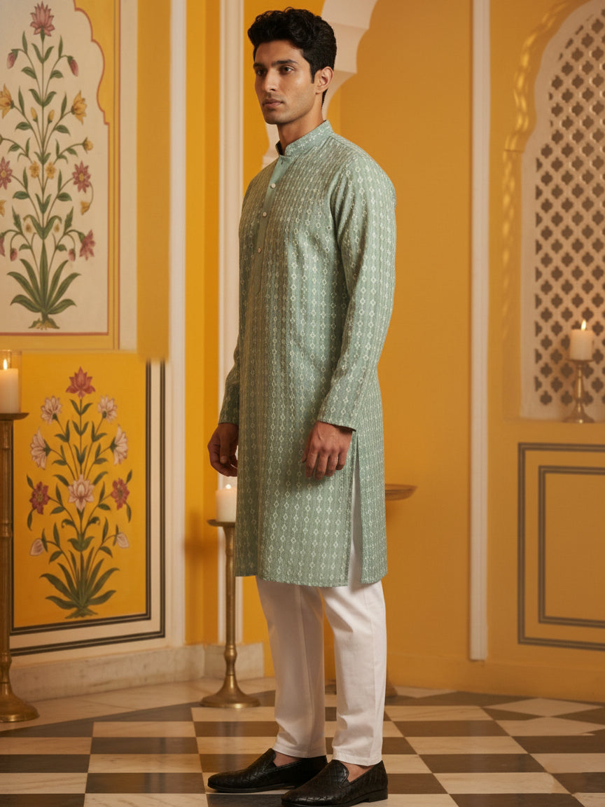 DesiQlo Men Embroidered Kurta Pyjama Set - Green - 65KP_P_5463Green_S