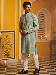 Embroidered Cotton Blend Kurta with Pyjama ( 65KP P 5463Green S ) [FF] [H-10]