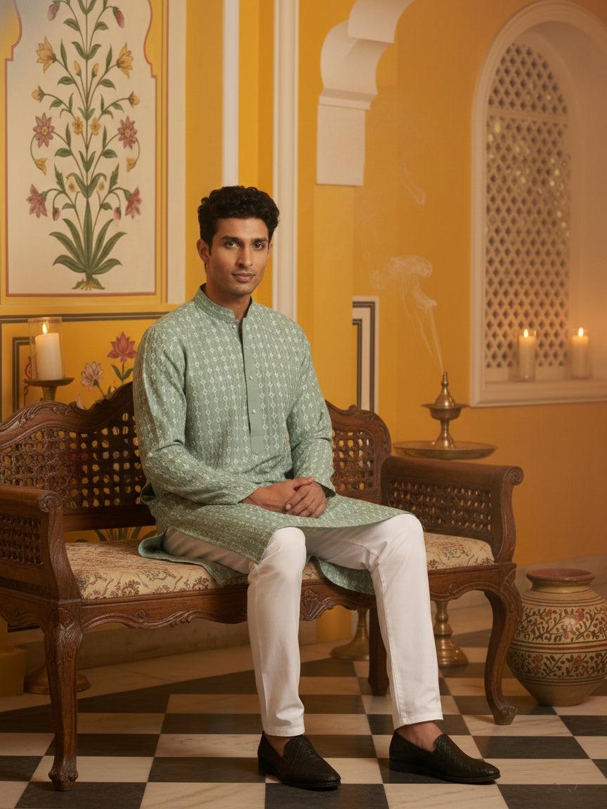 DesiQlo Men Embroidered Kurta Pyjama Set - Green - 65KP_P_5463Green_S