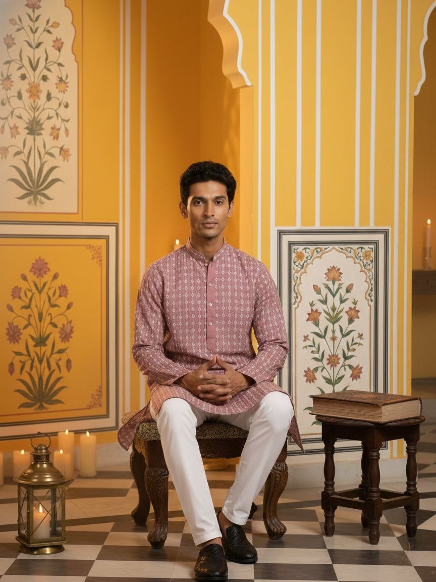 DesiQlo Men Embroidered Kurta Pyjama Set - Pink - 65KP_P_5463Pink_S