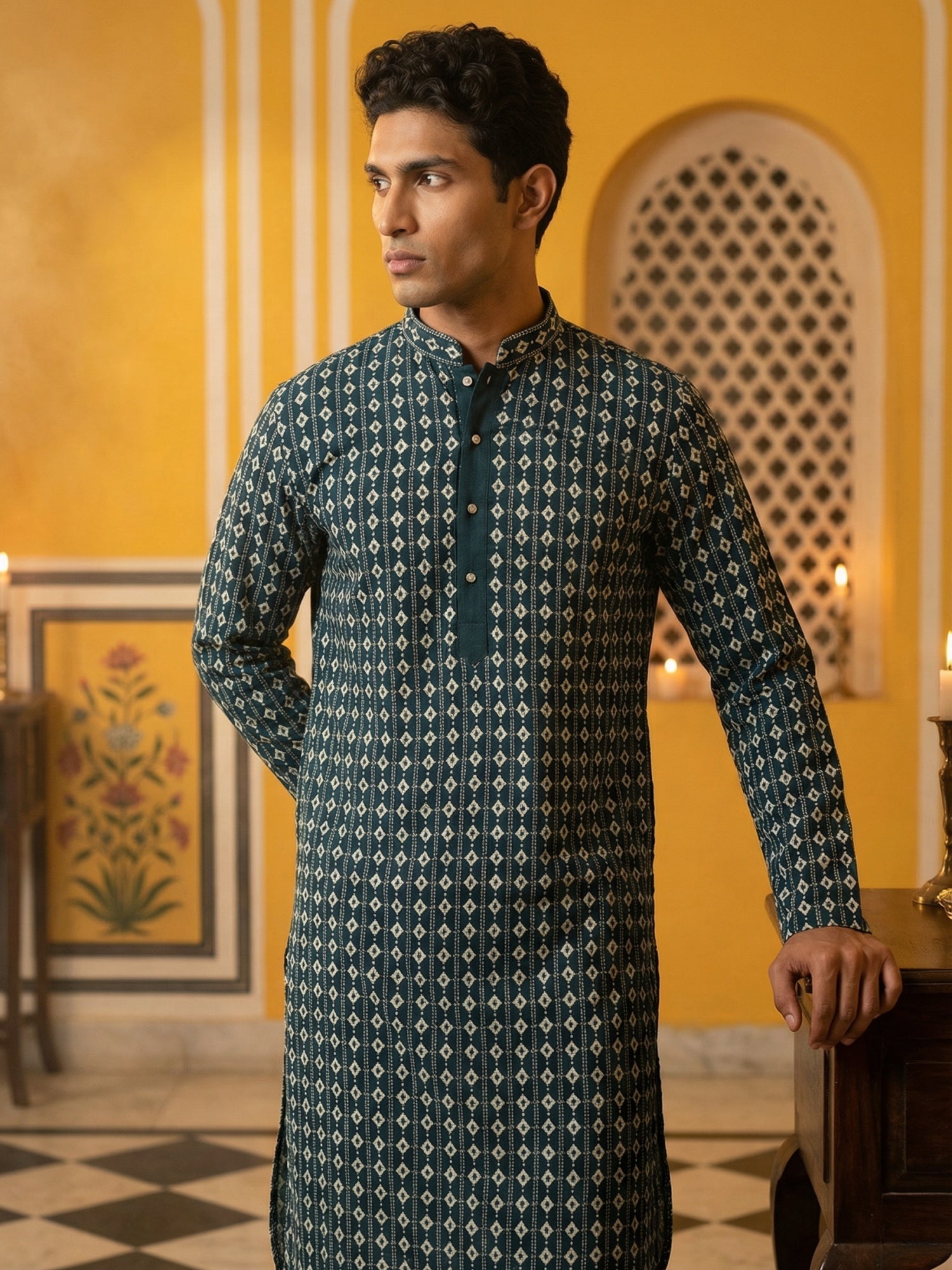 DesiQlo Men Embroidered Kurta Pyjama Set - Multicolor - 65KP_P_5463Sea