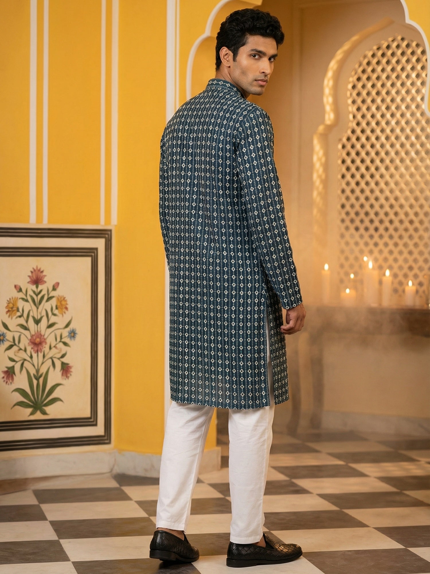 DesiQlo Men Embroidered Kurta Pyjama Set - Multicolor - 65KP_P_5463Sea