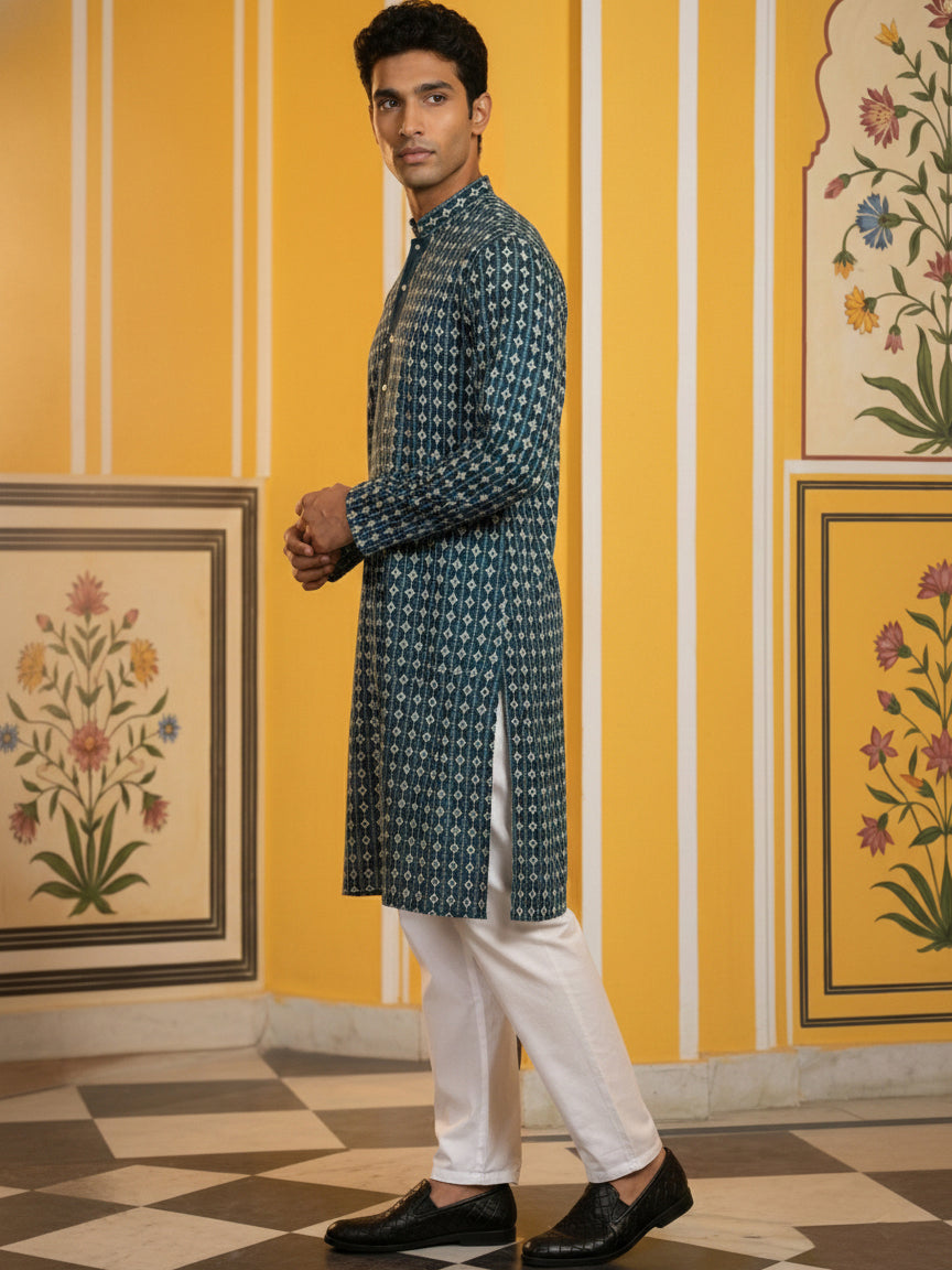 DesiQlo Men Embroidered Kurta Pyjama Set - Multicolor - 65KP_P_5463Sea